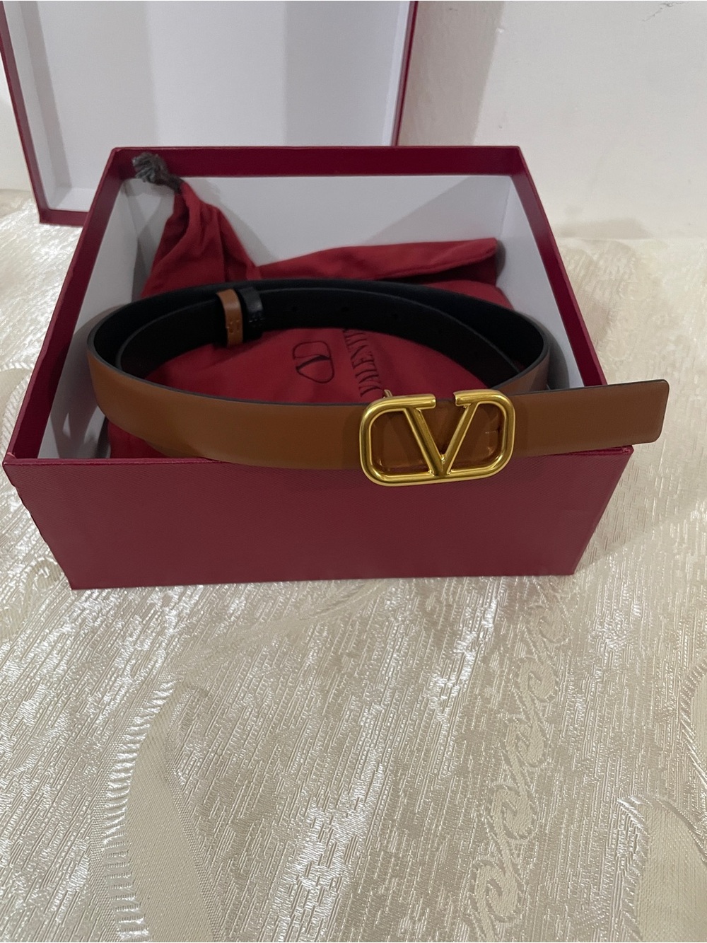 Valentino Reversible Leather Belt with Gold V Logo Buckle 85cm/34in